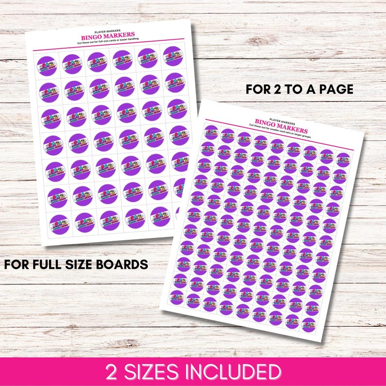 May include: Two printable sheets of circular bingo markers featuring purple backgrounds and colorful graphic designs. The left sheet is labeled Player Markers Bingo Markers for full size boards, while the right sheet is labeled for 2 to a page.