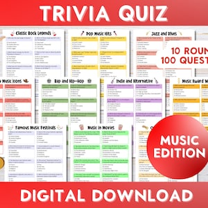 Prueba de trivia musical, Noche de juegos, Prueba de bar, Juegos familiares, 100 preguntas, Descarga instantánea imprimible