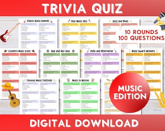 Prueba de trivia musical, Noche de juegos, Prueba de bar, Juegos familiares, 100 preguntas, Descarga instantánea imprimible
