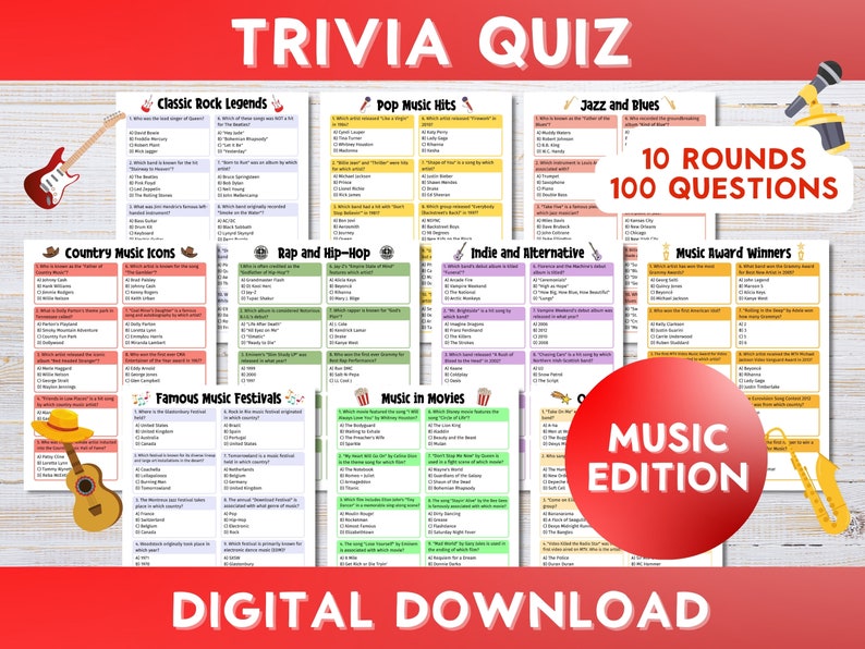 Music Trivia Quiz, Game Night, Bar Quiz, Family Games, 100 Questions, Printable Instant Download