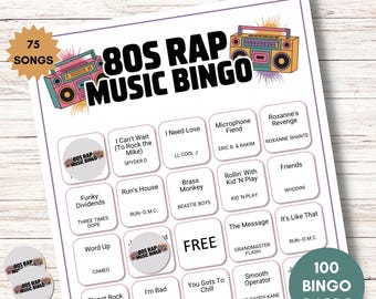 80s Rap Music Bingo Game – 75 Hip Hop Songs, 100 Cards (Digital Download)