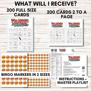 70s Music Bingo Game – 200 Printable Cards – Fun Party Activity with Spotify Playlist – Instant Download for Retro Themed Events