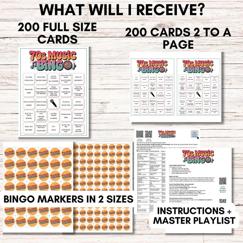 70s Music Bingo Game – 200 Printable Cards – Fun Party Activity with Spotify Playlist – Instant Download for Retro Themed Events