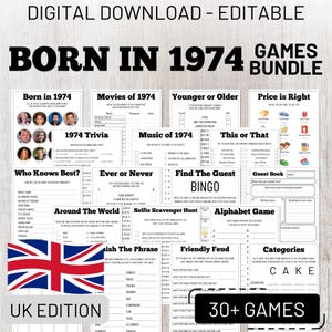 51st Birthday Party Games Bundle, UK Edition, Born in 1974 Trivia, Fun Editable Printable Games for Adults, Instant Download
