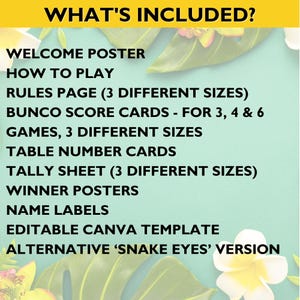 May include: A teal background with white text listing the items included in a printable Bunco game set. The text reads: "WHAT'S INCLUDED? WELCOME POSTER HOW TO PLAY RULES PAGE (3 DIFFERENT SIZES) BUNCO SCORE CARDS - FOR 3, 4 & 6 GAMES, 3 DIFFERENT SIZES TABLE NUMBER CARDS TALLY SHEET (3 DIFFERENT SIZES) WINNER POSTERS NAME LABELS EDITABLE CANVA TEMPLATE ALTERNATIVE 'SNAKE EYES' VERSION"