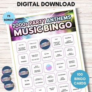 May include: A digital download of a 2000s Party Anthems Music Bingo game. The bingo card features song titles and artist names, with the text "75 SONGS" and "100 BINGO CARDS" on the card. The game includes a disco ball graphic.