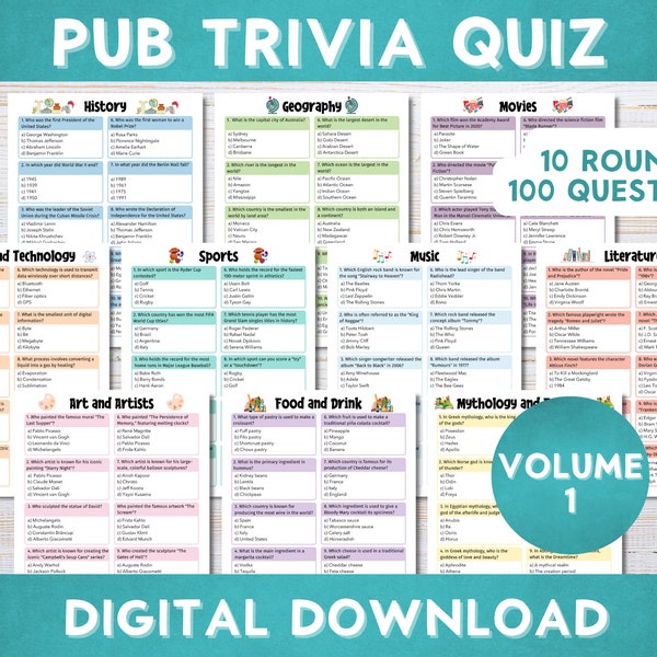Pub Trivia Quiz, Game Night, Bar Quiz, General Knowledge, Trivia Night, 100 Questions, Printable Instant Download