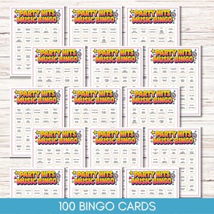 May include: A stack of 100 bingo cards with the text "PARTY HITS MUSIC BINGO" in a colorful, retro font. Each card has a grid of squares with song titles. The words "100 BINGO CARDS" are at the bottom.