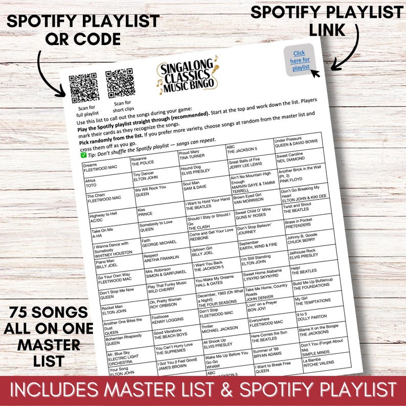 Singalong Classics Music Bingo, 75 Songs, 200 Cards, Printable Party Game, Instant Download
