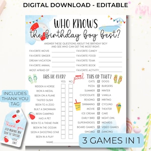 Who Knows The Birthday Boy Best, Pool Party, Editable Printable Birthday Game, Teens Tweens Birthday Party Games, Would He Rather, WKB