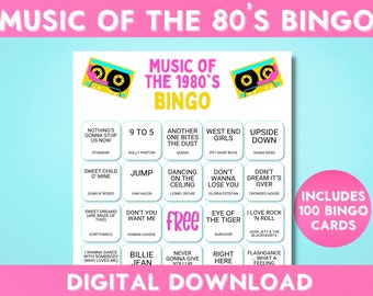 Printable Music of the 1980's Bingo Game, 100 Cards, Instant Download, Born in the 80's, 40th Birthday, Adult Party, Bachelorette Party D80