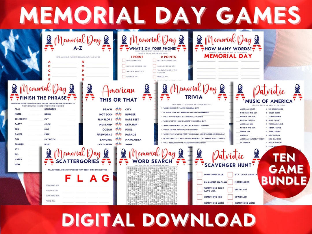 Memorial Day Games Bundle Printable Trivia Quiz Patriotic