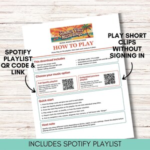 Pode incluir: Uma folha branca com instru&ccedil;&otilde;es de "Summer Vibes Music Bingo", incluindo um c&oacute;digo QR e um link para uma playlist do Spotify. Detalha como jogar, com op&ccedil;&otilde;es para playlists completas ou de pr&eacute;-visualiza&ccedil;&atilde;o. O texto diz "Reproduzir clipes curtos sem fazer login."