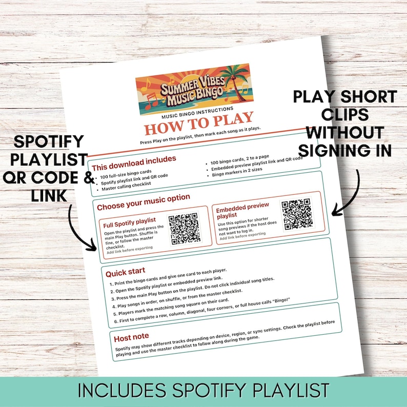 Pode incluir: Uma folha branca com instru&ccedil;&otilde;es de "Summer Vibes Music Bingo", incluindo um c&oacute;digo QR e um link para uma playlist do Spotify. Detalha como jogar, com op&ccedil;&otilde;es para playlists completas ou de pr&eacute;-visualiza&ccedil;&atilde;o. O texto diz "Reproduzir clipes curtos sem fazer login."