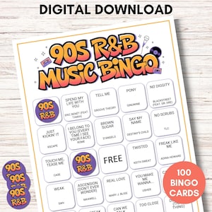 Bingo musical de R&B de los 90, juego de bingo imprimible, juego de fiesta de los 90, incluye la versión de cuadrados musicales, descarga instantánea