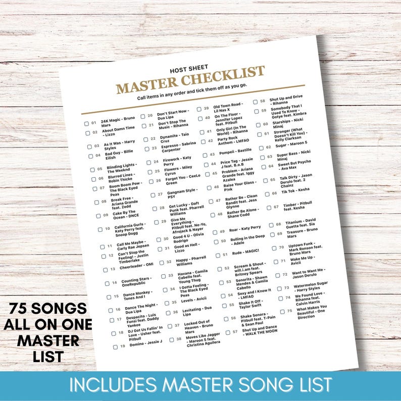 May include: A white checklist titled "Master Checklist" with song titles and artist names. The list includes 75 songs, with the text "75 Songs All On One Master List" and "Includes Master Song List".