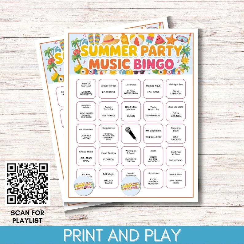 May include: Two sheets of "Summer Party Music Bingo" game cards. The cards feature a colorful design with summer-themed graphics and song titles. A QR code and the words "Scan for Playlist" are visible.