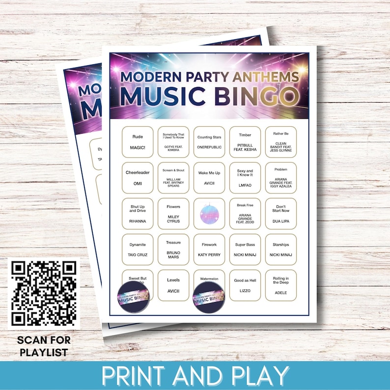 May include: Two sheets of "Modern Party Anthems Music Bingo" game cards. The cards feature a grid of song titles and artist names, with a QR code for a playlist and the text "Print and Play". The design is colorful with a modern aesthetic.
