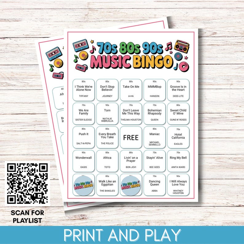 70s 80s 90s Music Bingo, Decades Bingo, Printable Game with 200 Bingo Cards, Spotify Playlist, Digital Download for Family Reunion or Party