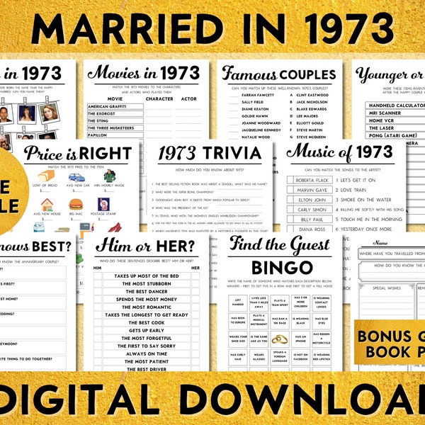 51st Wedding Anniversary Party Games, Golden Wedding, Married in 1973, Printable 10 Game Bundle, Instant Download, Bingo, Guest Book