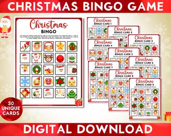 Printable Christmas Bingo Game, Instant Digital Download, 30 Unique Cards For Large Group, Classrooms, Party, Office Parties