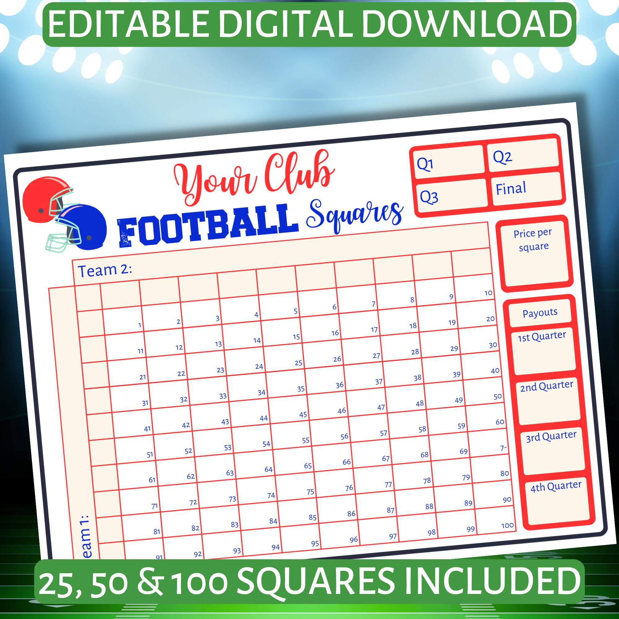 100 50 25 Football Squares Printable, Football Fundraiser, Editable ...