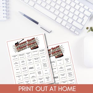 Classic Rock Music Bingo for Adults, Rock n Roll Game Night Printable