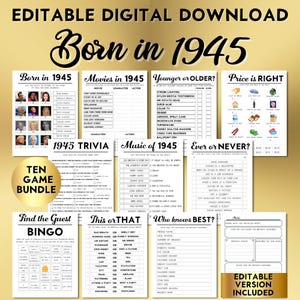 80th Birthday Party Games, Born in 1945, Printable 10 Game Bundle, Instant Download, Editable, Personalize, Music, Trivia, Guest Book BP001