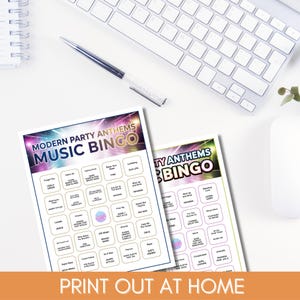 May include: Two Music Bingo game sheets with a keyboard, pen, and mouse in the background. The bingo cards have a colorful design with the text "Modern Party Anthems Music Bingo" and "Print Out At Home".