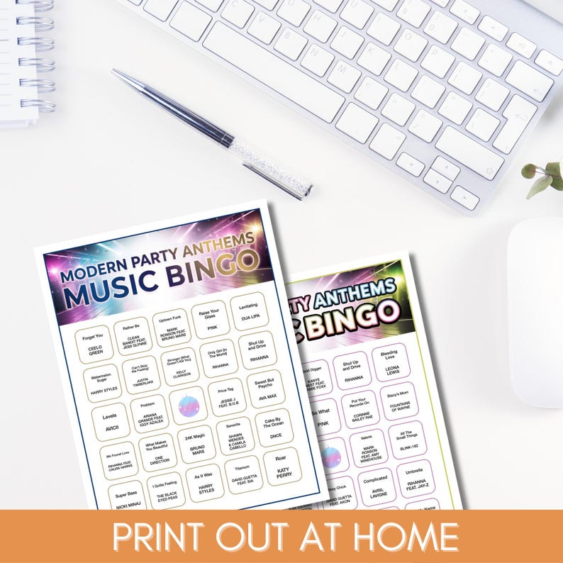 May include: Two Music Bingo game sheets with a keyboard, pen, and mouse in the background. The bingo cards have a colorful design with the text "Modern Party Anthems Music Bingo" and "Print Out At Home".