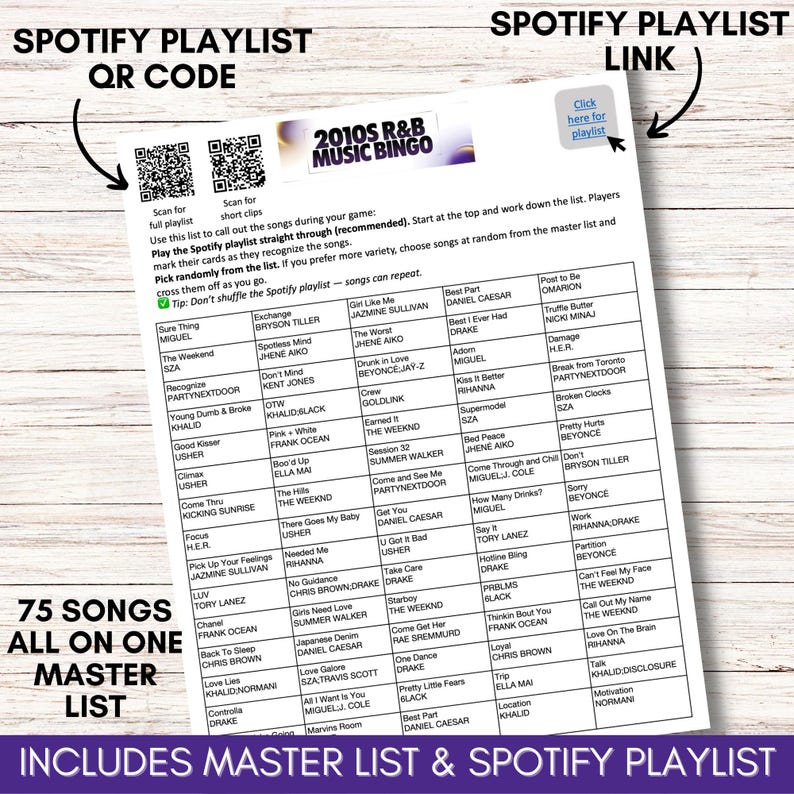 2010s R&B Music Bingo Game – Printable Party Game, 75 Songs 100 Cards