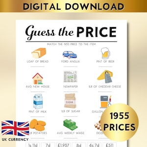 70e verjaardag UK Price Match Game, geboren in 1955 Afdrukbaar, Britse ponden, raad de prijs leuk partyspel voor 70e verjaardag