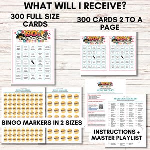 Może przedstawiać: Zestaw do gry 60s Singalong Hits Music Bingo zawierający 300 kart pełnowymiarowych, 300 kart w formacie dwie na stronę, znaczniki do bingo w dw&oacute;ch rozmiarach, instrukcję gry oraz gł&oacute;wną listę kontrolną z playlistą do muzycznej rozgrywki.