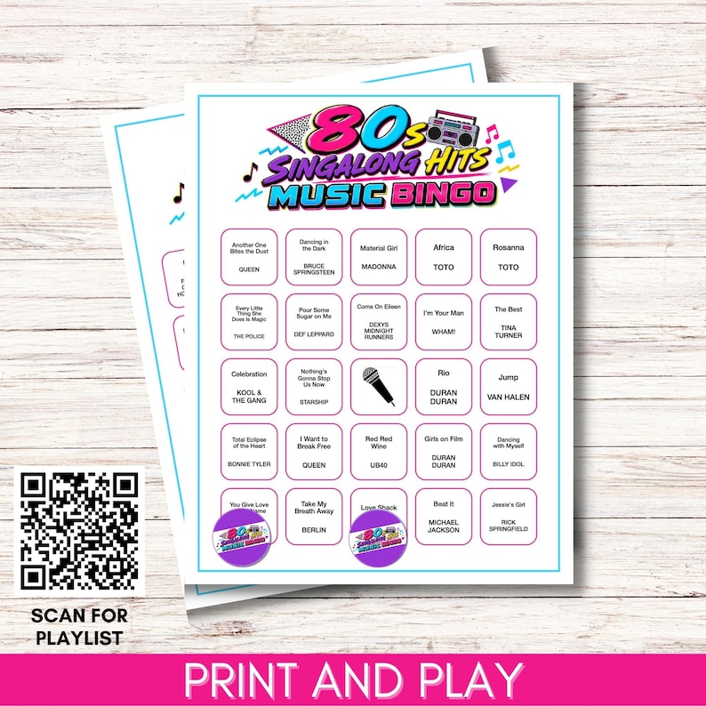 May include: A printable 80s Singalong Hits Music Bingo game card featuring a grid of song titles and artists, a boombox graphic, and a microphone icon. The design includes colorful text, musical notes, and two purple circular stickers at the bottom.