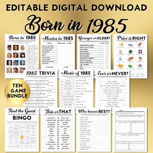 Giochi per feste di compleanno 40°, nato nel 1985, pacchetto di 10 giochi stampabili, download immediato, modificabili, personalizzabili, musica, quiz, libro degli ospiti BP001