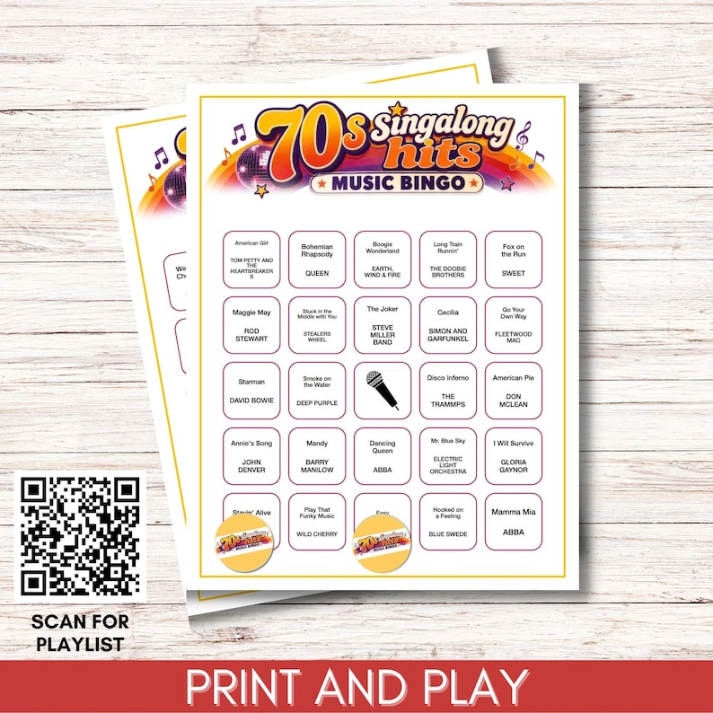 May include: A 70s singalong hits music bingo game card featuring a colorful retro header with a disco ball and rainbow graphic. The grid contains song titles and artist names in black text, a microphone icon, and two circular game markers.