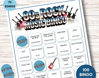 80s Rock Music Bingo Game Printable – 75 Song Playlist, 100 Unique Cards (Digital Download)