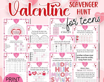 May include: A printable Valentine's Day scavenger hunt for teens. The game includes 12 challenges with a pink and white color scheme. The challenges include a word search, a maze, a code breaker, a picture matching game, and a word scramble.