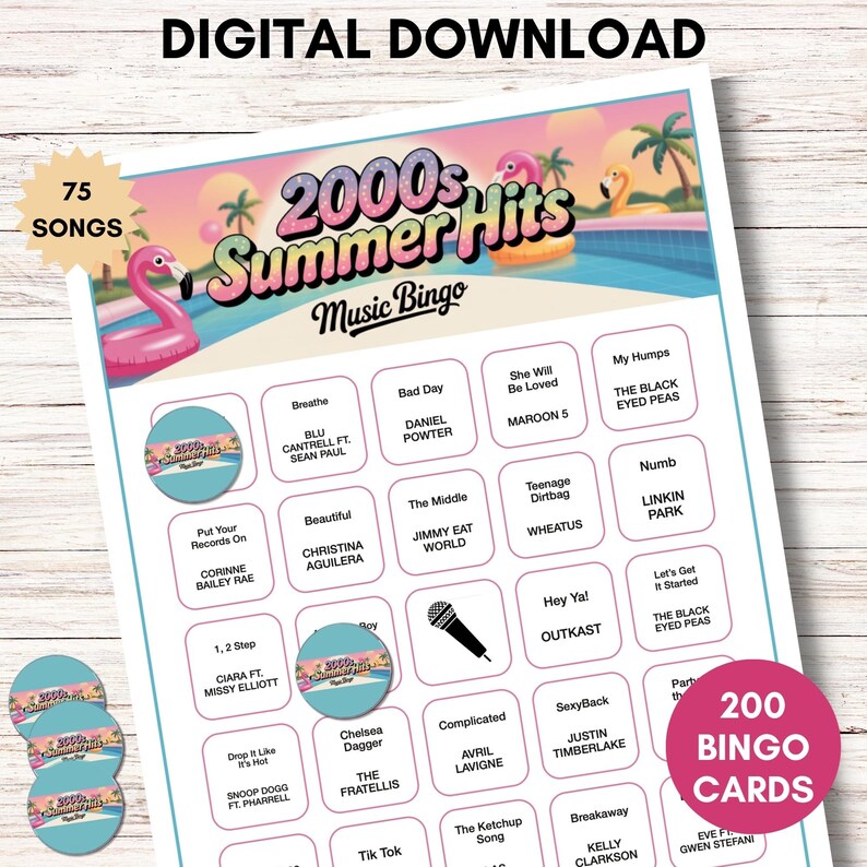 2000s Summer Hits Music Bingo - 200 Cards, Y2K Party Game (Printable)