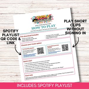 May include: A white instructional sheet for 60s Singalong Hits Music Bingo. The document includes sections for how to play, a Spotify playlist QR code and link, an embedded preview playlist QR code, a quick start guide, and a host note.