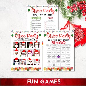 Pu&ograve; includere: Tre schede di gioco per feste di Natale stampabili con un tema festivo rosso e bianco. La prima scheda &egrave; intitolata "Naughty or Nice?" e contiene un elenco di comportamenti birichini e gentili. La seconda scheda &egrave; intitolata "Celebrity Santa" e presenta una griglia di volti di Babbo Natale con un elenco di celebrit&agrave; da indovinare. La terza scheda &egrave; intitolata "Find the Coworker Bingo" e presenta una scheda di bingo con un elenco di caratteristiche dei colleghi.