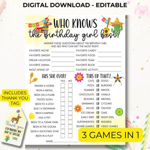 Fête d'anniversaire fiesta, qui connaît le mieux la fille qui fête son anniversaire, jeu d'anniversaire imprimable éditable, mexicain, jeux d'anniversaire pour ados préadolescents, WKB