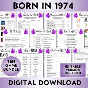 51st Birthday Games For Her, Born in 1974, 51st Birthday Games, 51st Birthday Party Activities Women, Purple, Printable Bundle