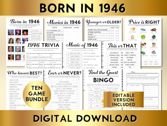 80th Birthday Party Games, Born in 1946 Trivia, Music Quiz (Printable Digital Download)