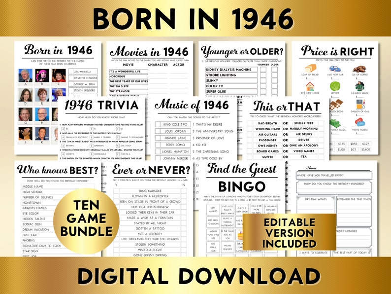 79th Birthday Party Games, Born in 1946, Printable 10 Game Bundle, Instant Download, Editable, Personalize, Music, Trivia, Guest Book BP001