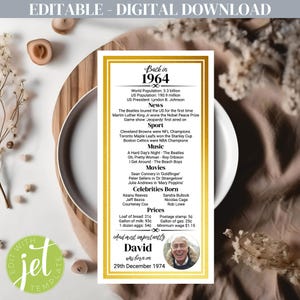 Platzkarten zum 61. Geburtstag mit Foto, bearbeitbares druckbares 1964-Design, anpassbare Tischkarten zum Feiern, Dinner-Party