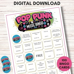 May include: A printable pop punk music bingo card with a green, pink, and yellow background. The card features a skateboard with a skull and crossbones graphic. The card has 25 squares with the names of pop punk bands and songs. The card also includes a free space. The card is part of a set of 100 bingo cards.