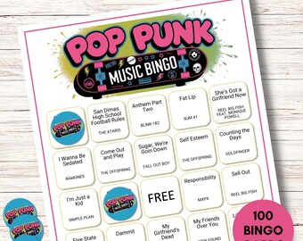 Bingo de música pop punk de los 90 y los 2000: el mejor juego de fiesta retro, imprimible, descarga instantánea y divertida actividad grupal.
