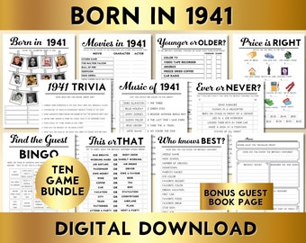 Juegos de fiesta de cumpleaños 83, nacidos en 1941, paquete de juegos imprimible10, descarga instantánea, bingo, precio correcto, música, trivia, libro de visitas BP001