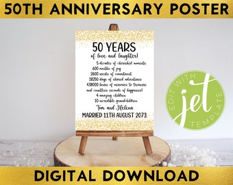 50th Wedding Anniversary Party Poster, Golden Wedding, Editable Personalized Sign, Digital Download, Gold
